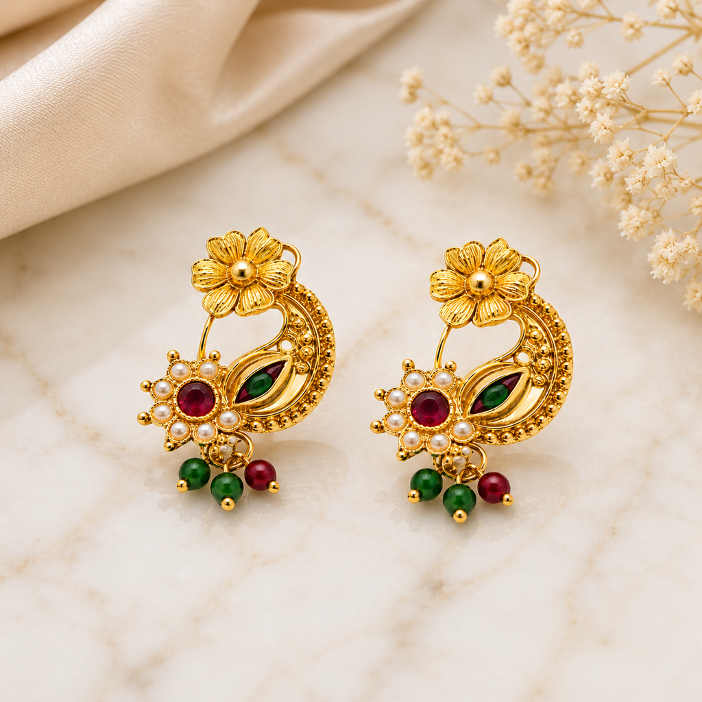 Traditional Gold-Plated Bugadi Earrings with Ruby, Emerald & Pearl