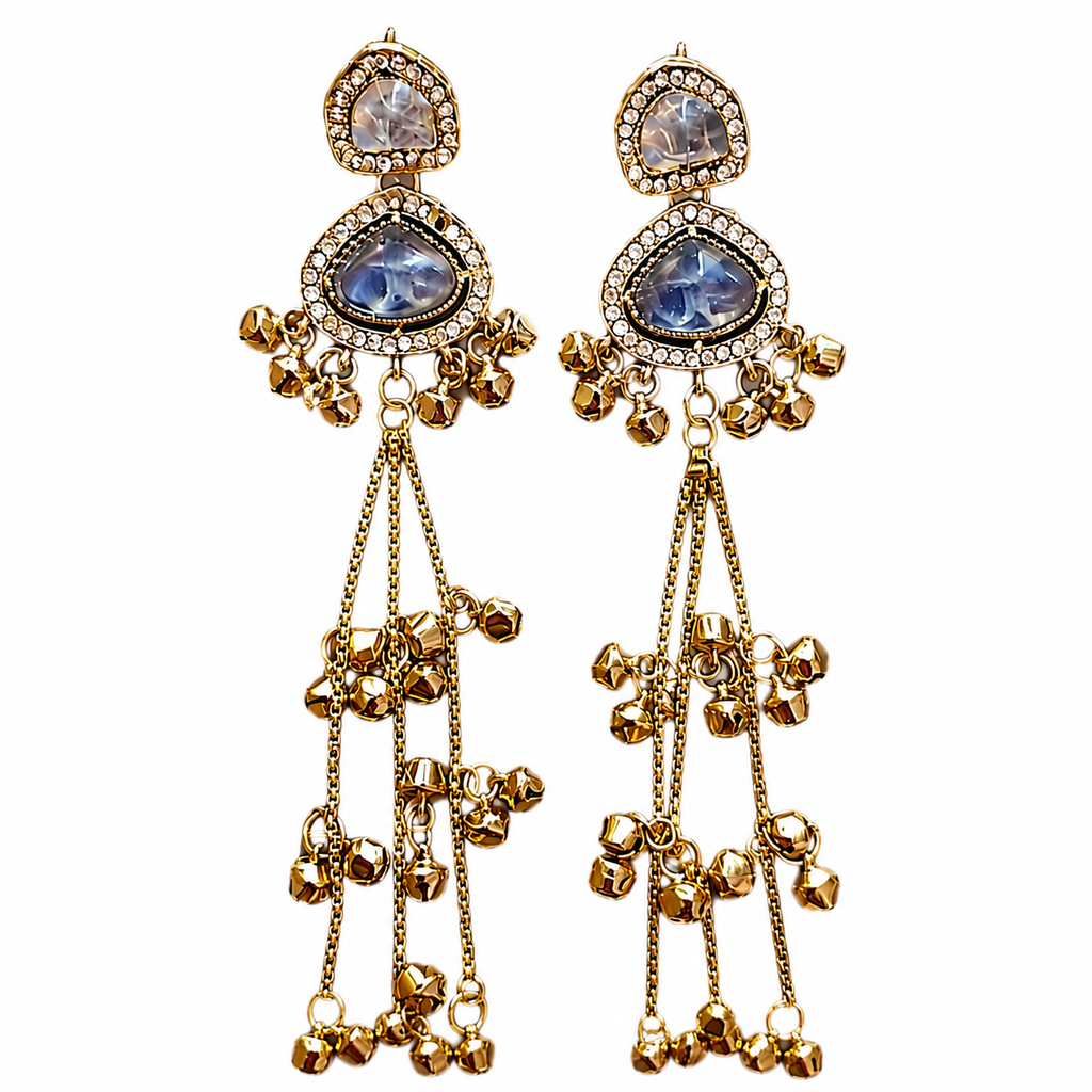 grey Stone Long Tassel Dangler Earrings, Gold Plated, Crystal Studded Drop Earrings for Women, Ethnic Wedding Party Fashion Jewellery