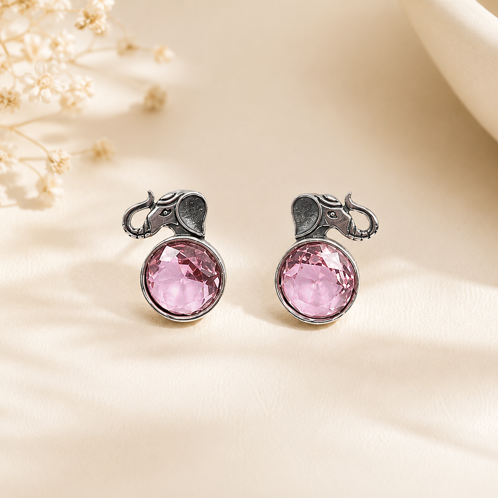 Artisan Antique-Finish Elephant Stud Earrings with Pink Crystal | Ethnic Jewelry