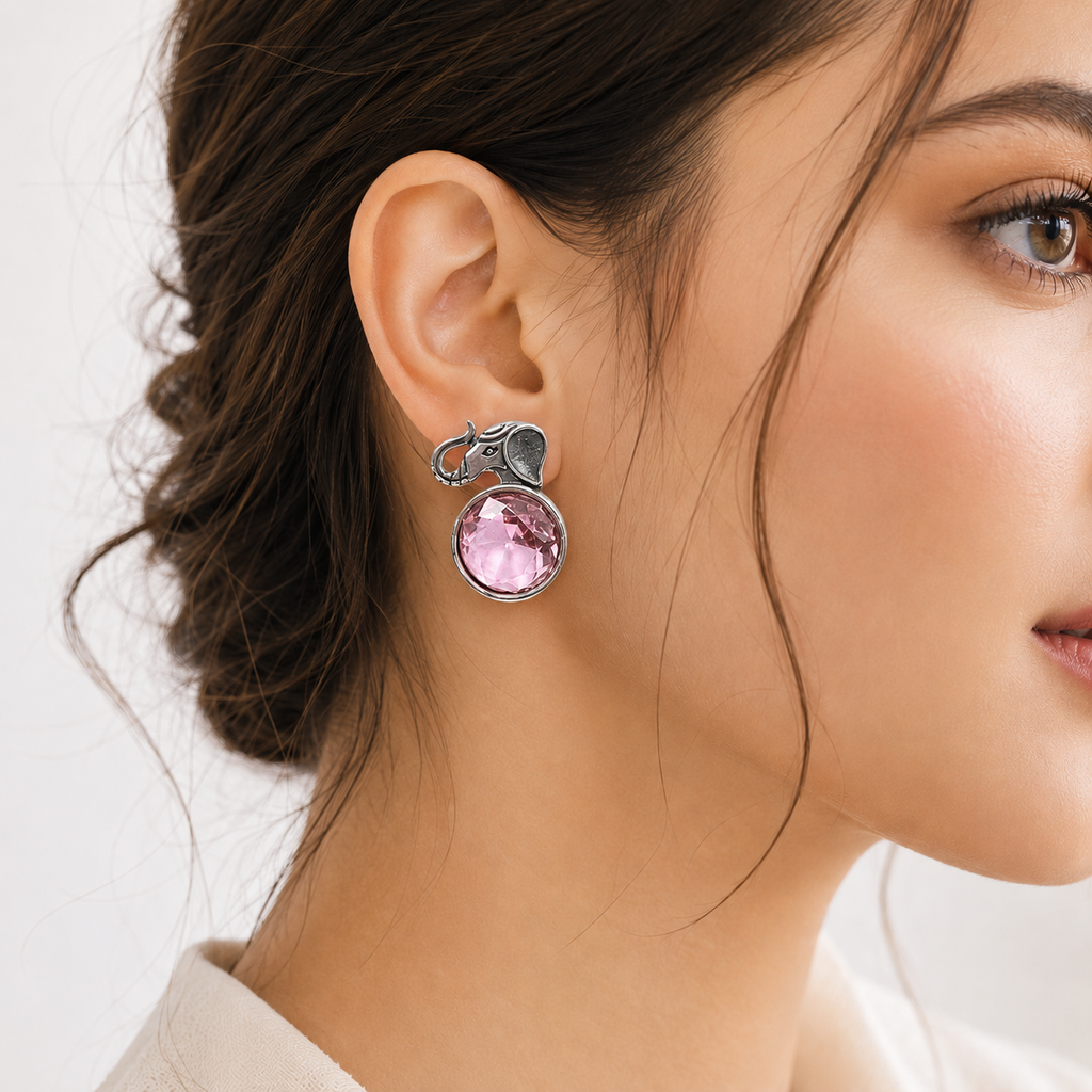 Artisan Antique-Finish Elephant Stud Earrings with Pink Crystal | Ethnic Jewelry
