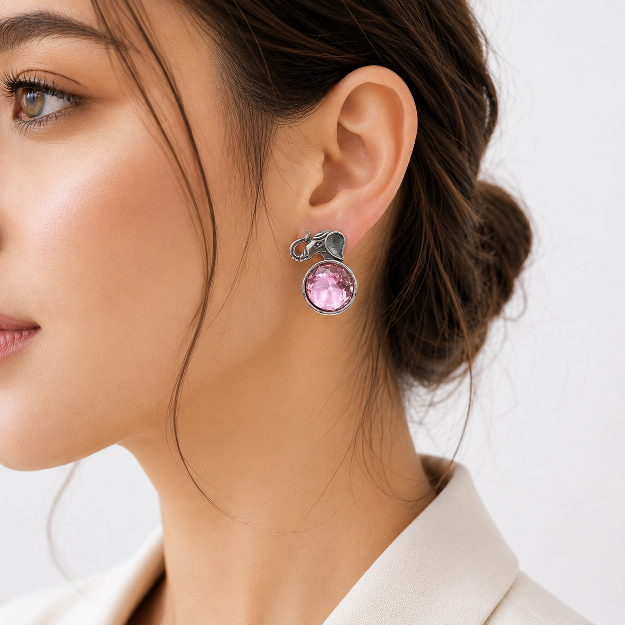 Artisan Antique-Finish Elephant Stud Earrings with Pink Crystal | Ethnic Jewelry