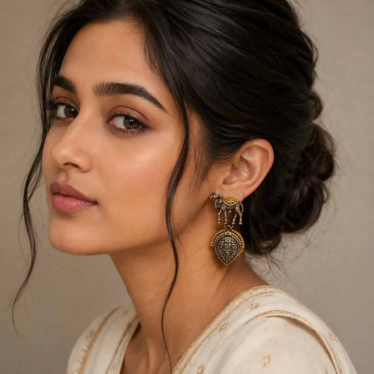 Arabic Camel Oxidized Silver Dangle Earrings – Dual-Tone Ethnic Design
