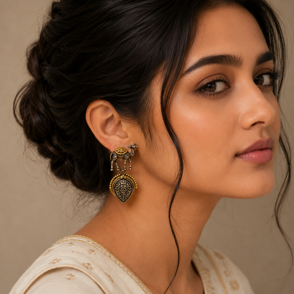 Arabic Camel Oxidized Silver Dangle Earrings – Dual-Tone Ethnic Design
