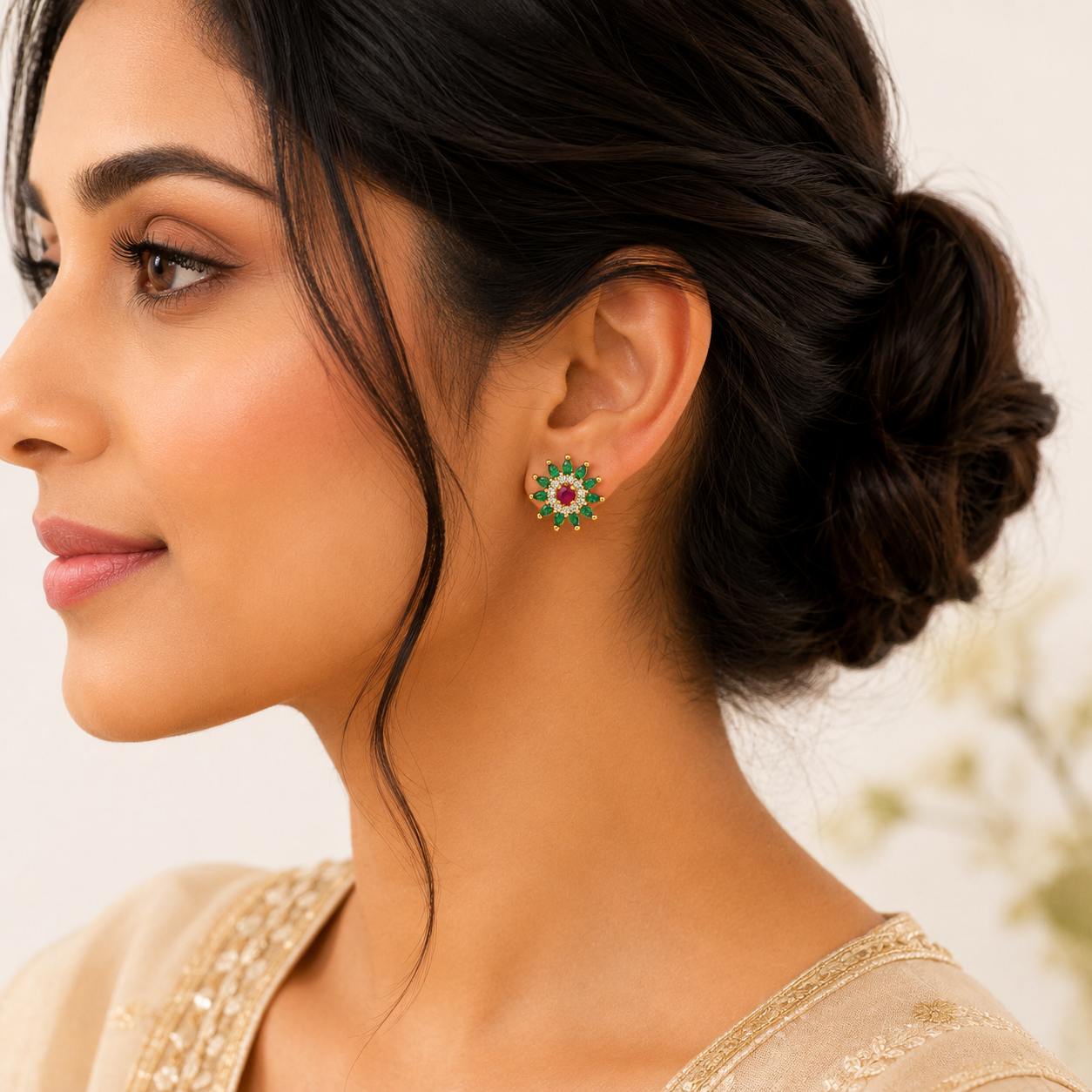 Floral Design Stud Earrings with Ruby and Emerald Stones | Gold-Plated Jewelry