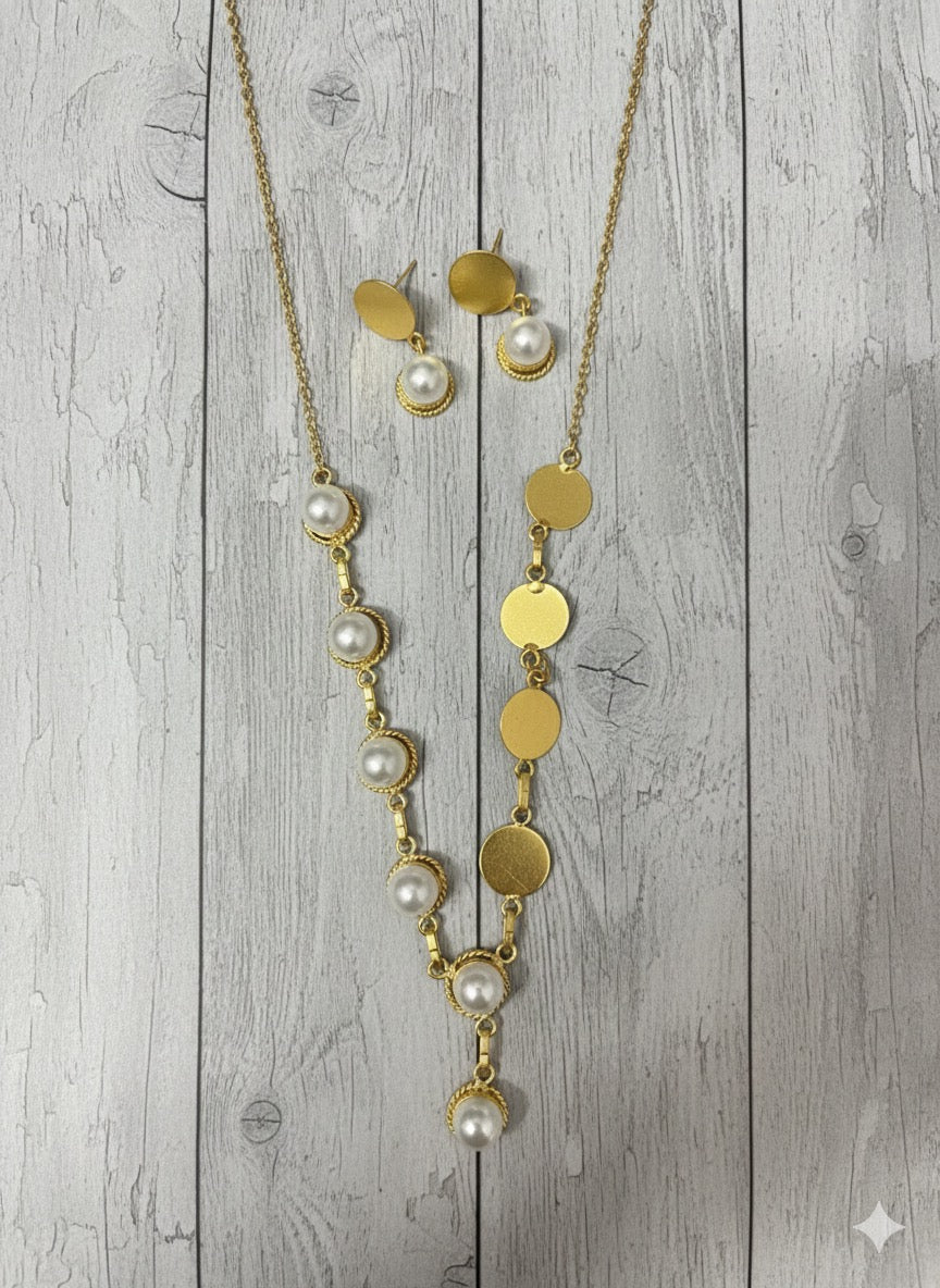 Coin Chain Pearl Pendant Set – Gold-Plated Long Necklace with Earrings
