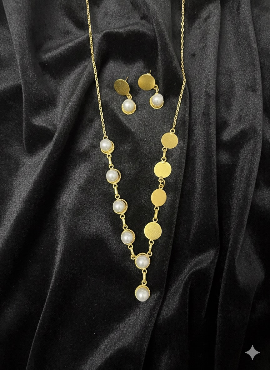 Coin Chain Pearl Pendant Set – Gold-Plated Long Necklace with Earrings