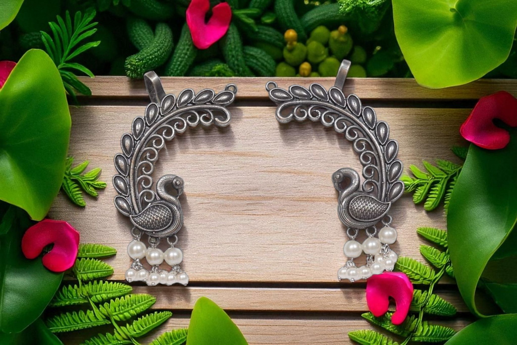 Majestic Peacock & Pearl Oxidized Silver Ear Cuff  –  Indian Jewelry