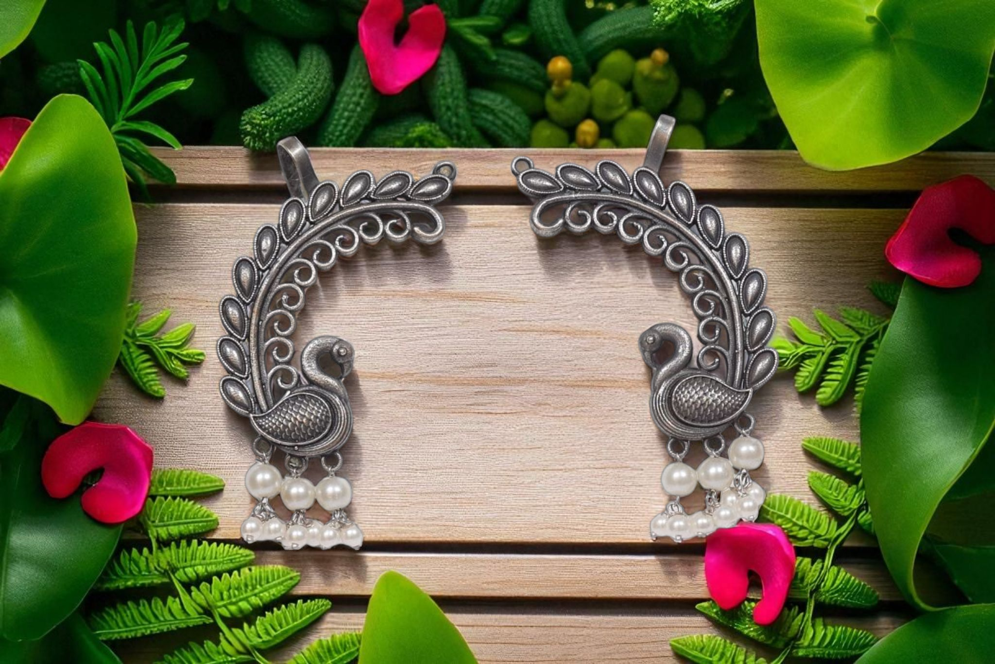 Majestic Peacock & Pearl Oxidized Silver Ear Cuff  –  Indian Jewelry