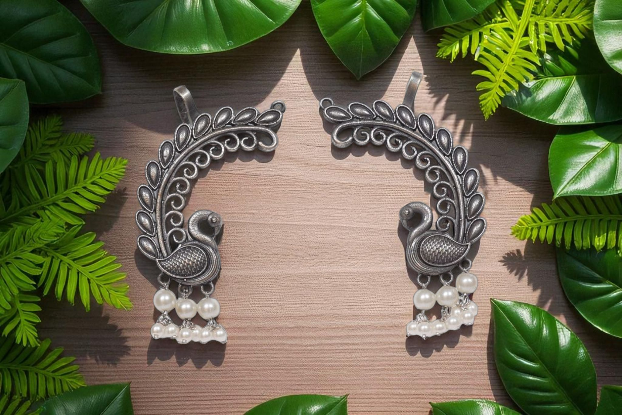 Majestic Peacock & Pearl Oxidized Silver Ear Cuff  –  Indian Jewelry