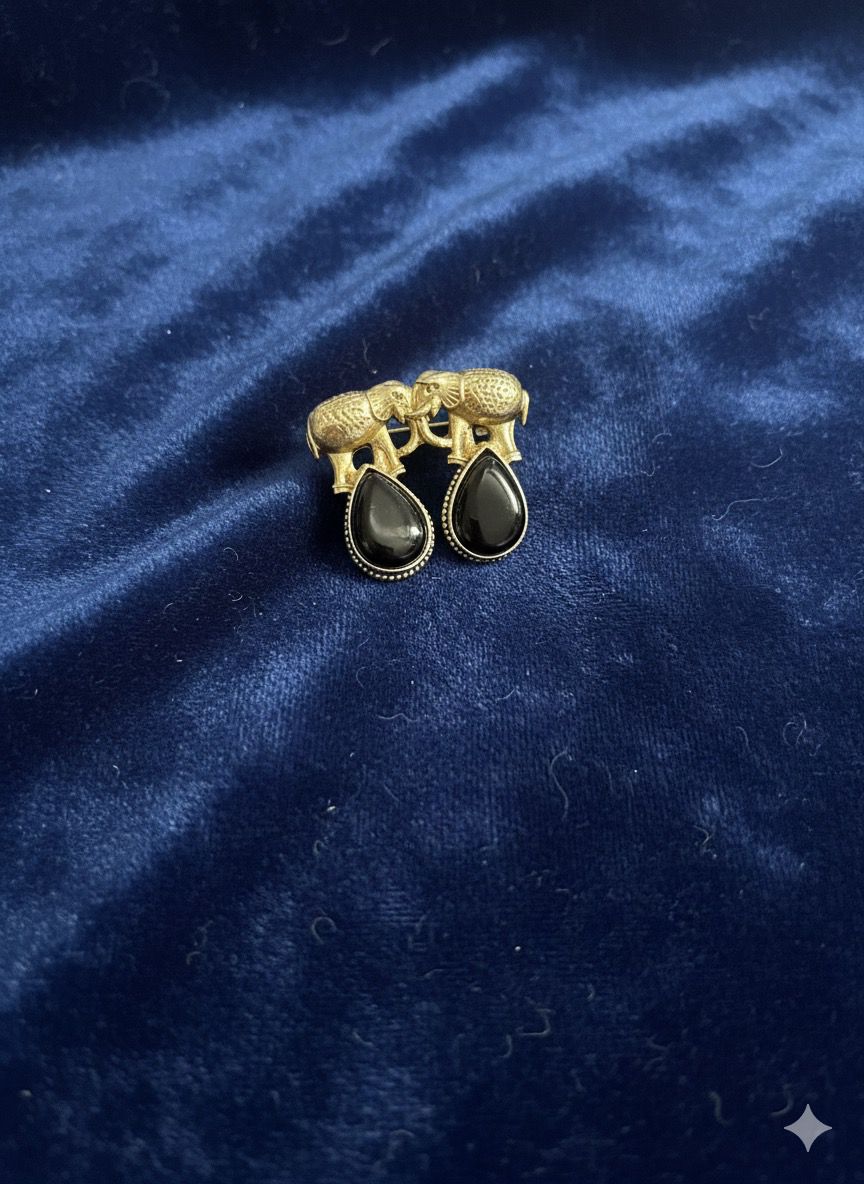 Manikundala Elephant Dangle Earrings – Black Cabochon Stone, Gold Statement Design