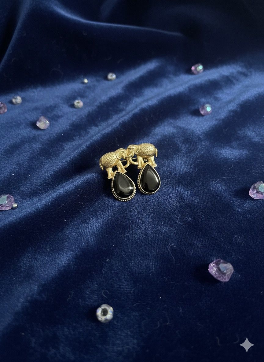 Manikundala Elephant Dangle Earrings – Black Cabochon Stone, Gold Statement Design