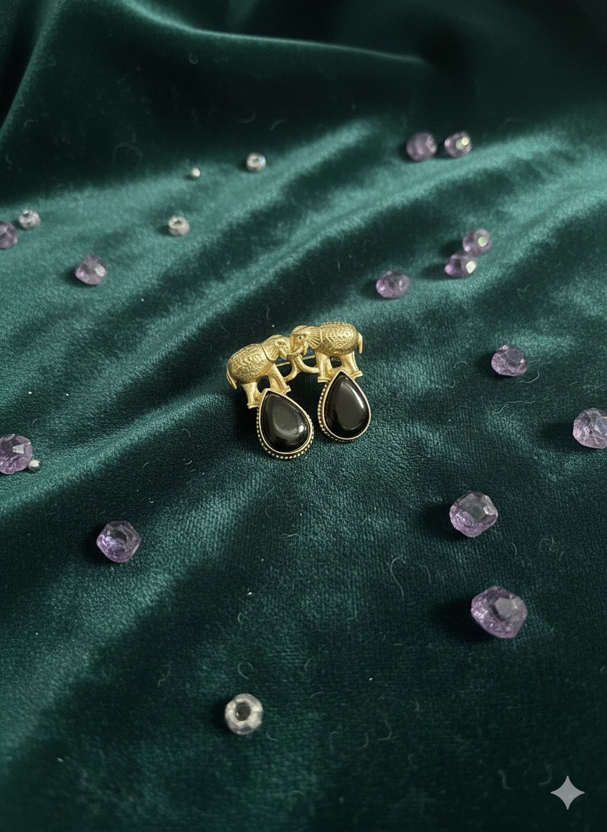 Manikundala Elephant Dangle Earrings – Black Cabochon Stone, Gold Statement Design