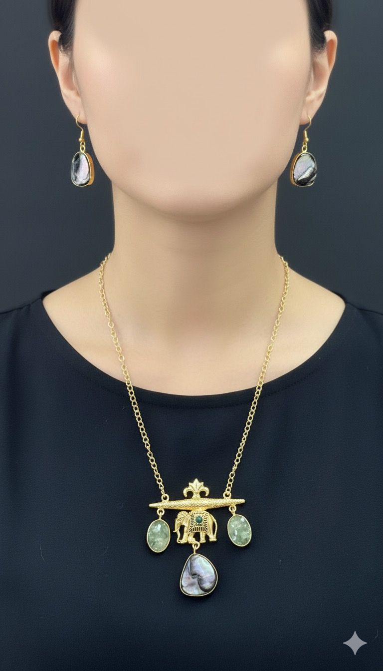 Gajratna Elephant Pendant Set | Gold-Tone Necklace & Stone Drop Earrings 🐘