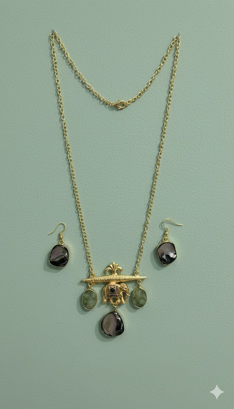 Gajratna Elephant Pendant Set | Gold-Tone Necklace & Stone Drop Earrings 🐘