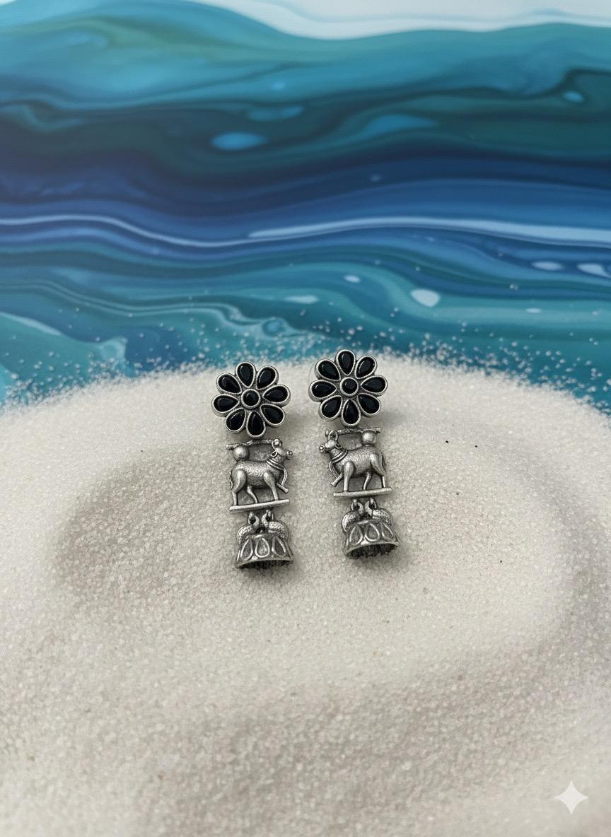 🌺 Flower Nandi Oxidized Silver Earrings – Black Stone Temple Jewelry by Manikundala🌺