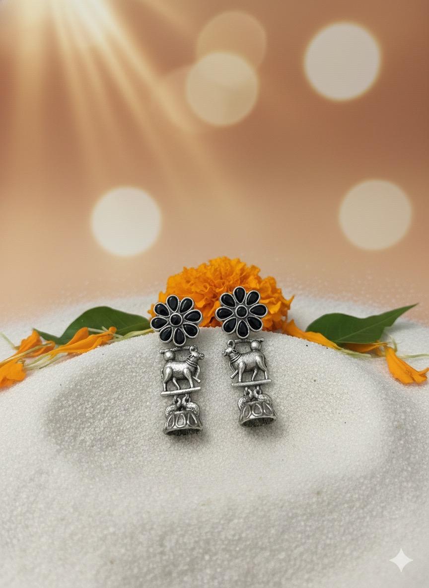 🌺 Flower Nandi Oxidized Silver Earrings – Black Stone Temple Jewelry by Manikundala🌺