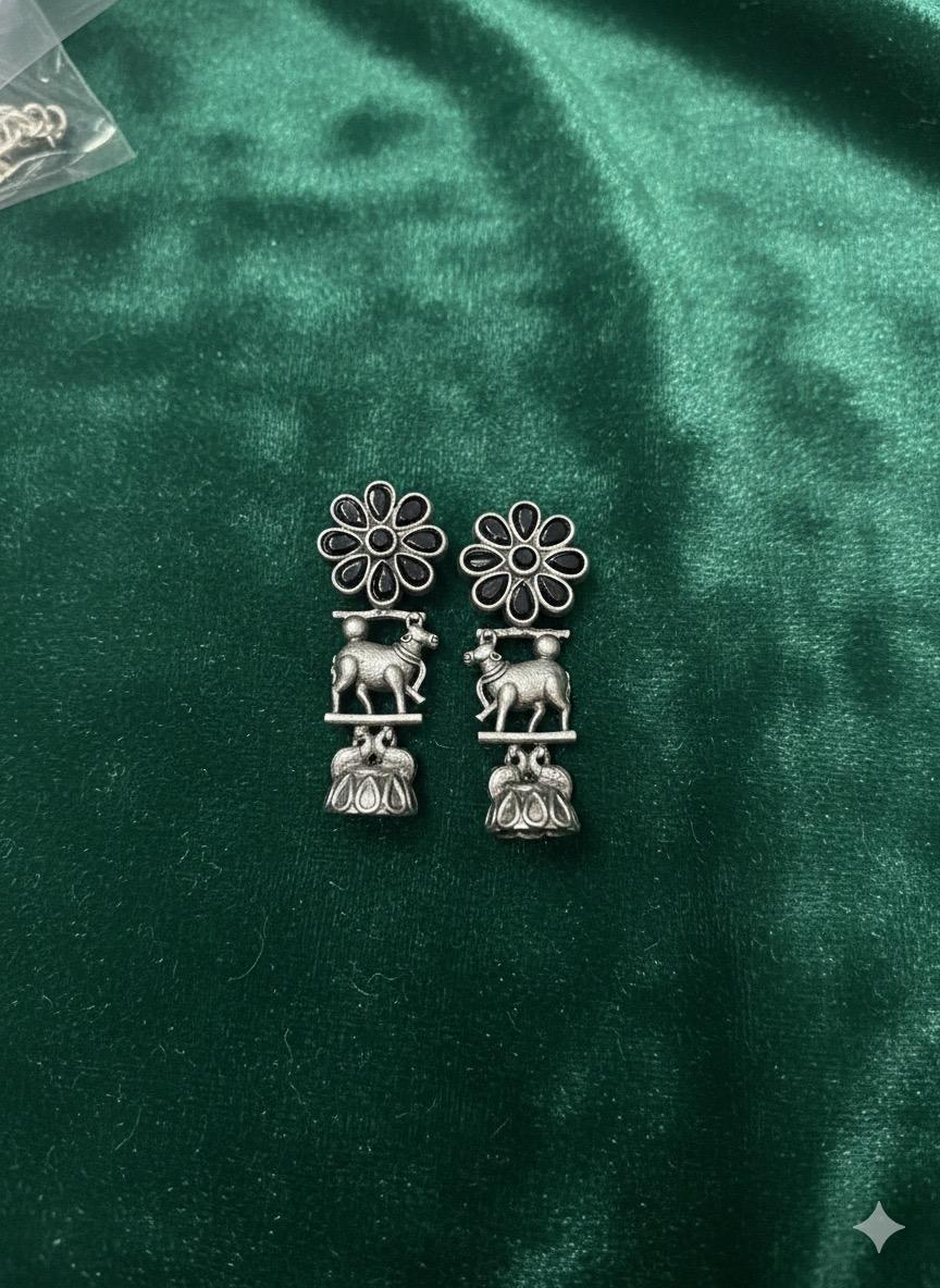 🌺 Flower Nandi Oxidized Silver Earrings – Black Stone Temple Jewelry by Manikundala🌺