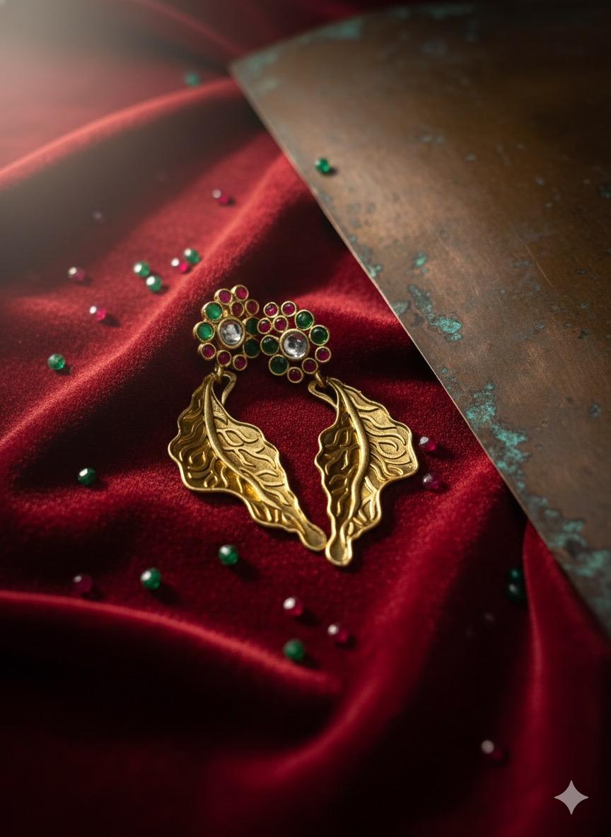 🍂 Gulpatra Leaf Statement Earrings – Antique Gold Look Dangler Jewelry | Manikundala