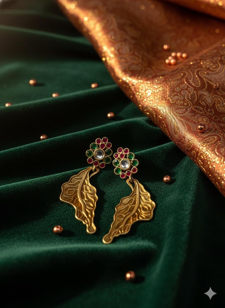 🍂 Gulpatra Leaf Statement Earrings – Antique Gold Look Dangler Jewelry | Manikundala