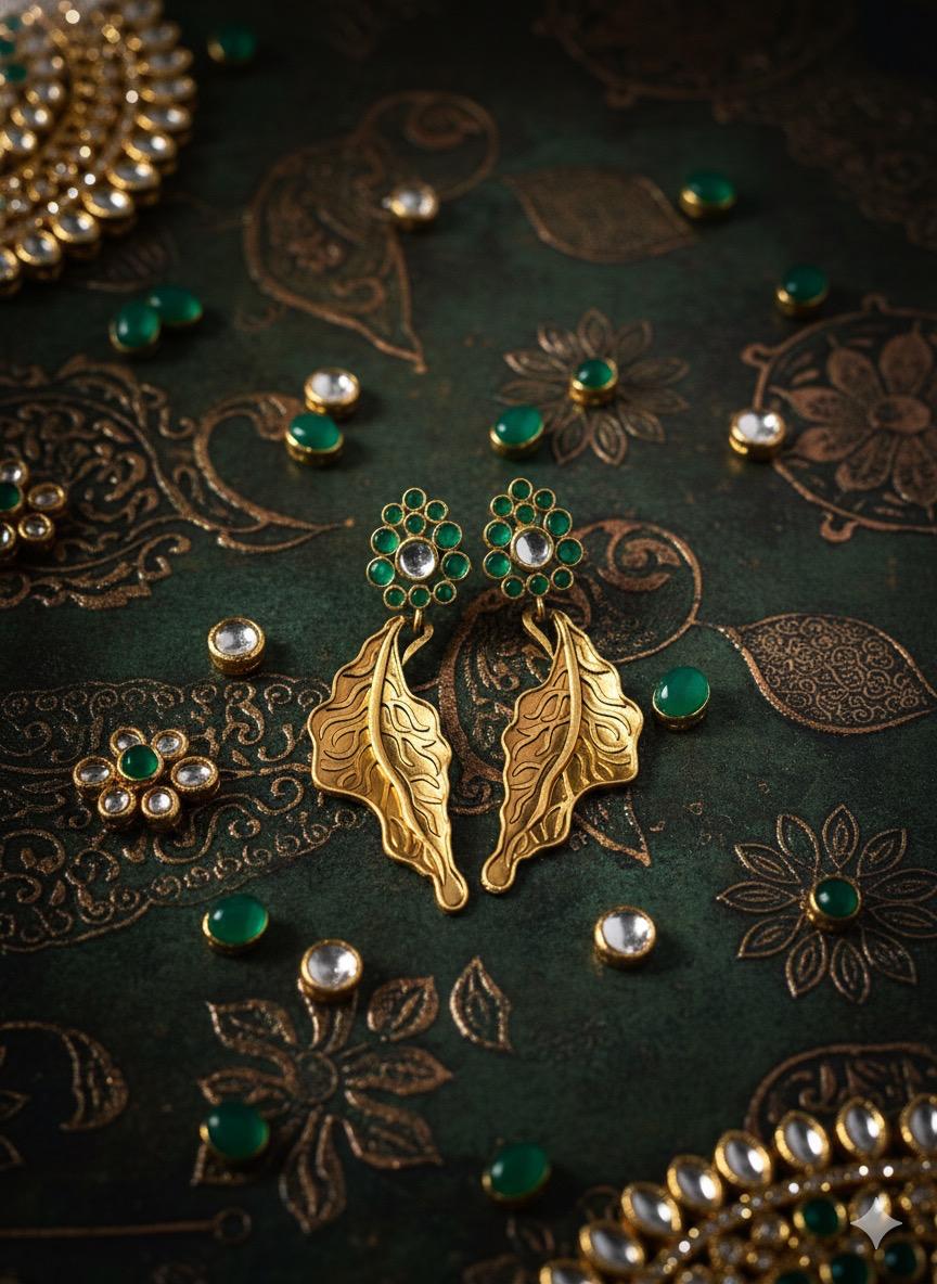 🍂 Gulpatra Leaf Statement Earrings – Antique Gold Look Dangler Jewelry | Manikundala