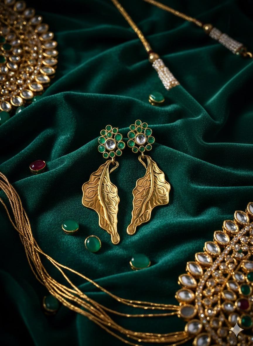 🍂 Gulpatra Leaf Statement Earrings – Antique Gold Look Dangler Jewelry | Manikundala