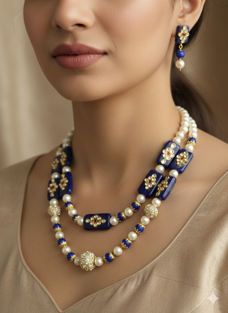 Indigo Beaded Mala – Handcrafted Layered Statement Necklace