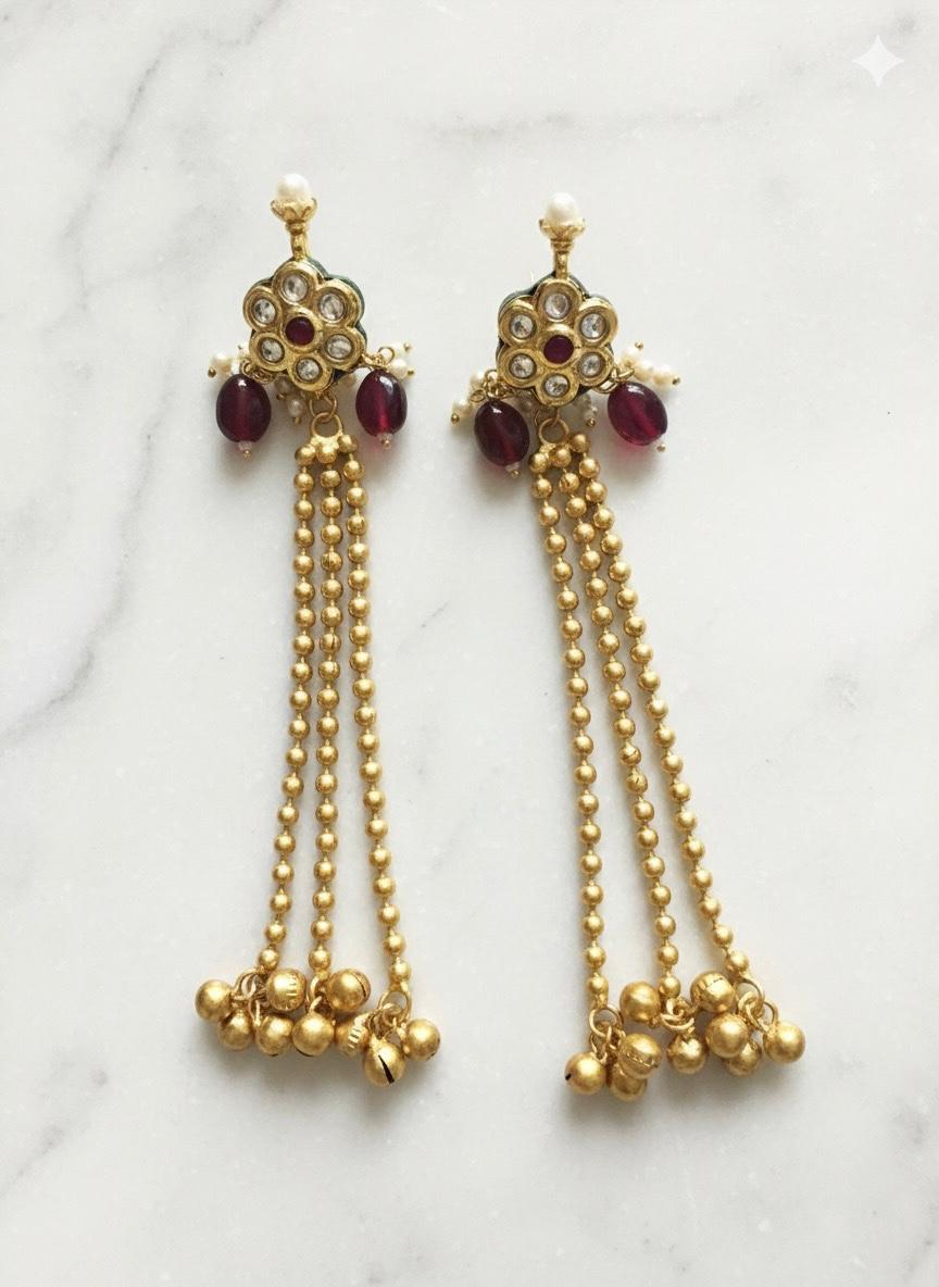Kundan Latkan Dangler Earrings: Gold Plated Chains & Pearl Drops by Manikundala