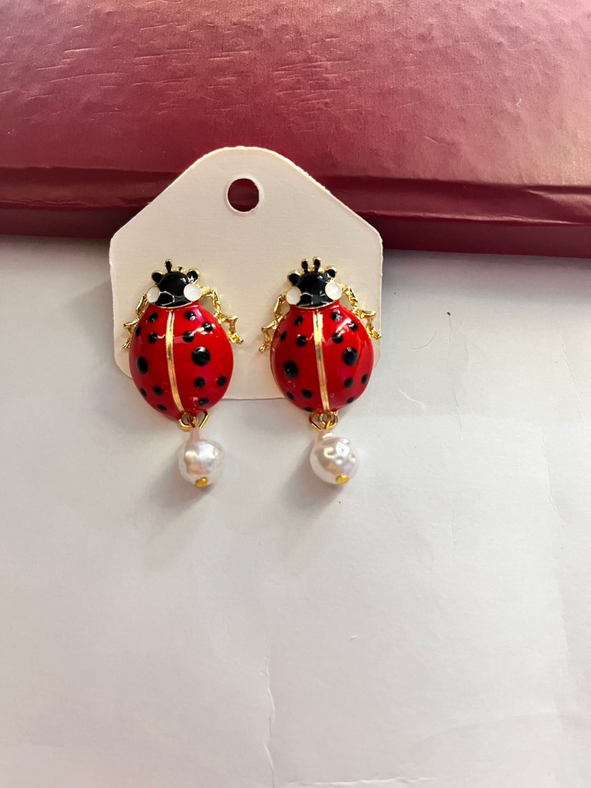 Ladybug Dangler Earrings | Enamel & Pearl Whimsical Jewelry