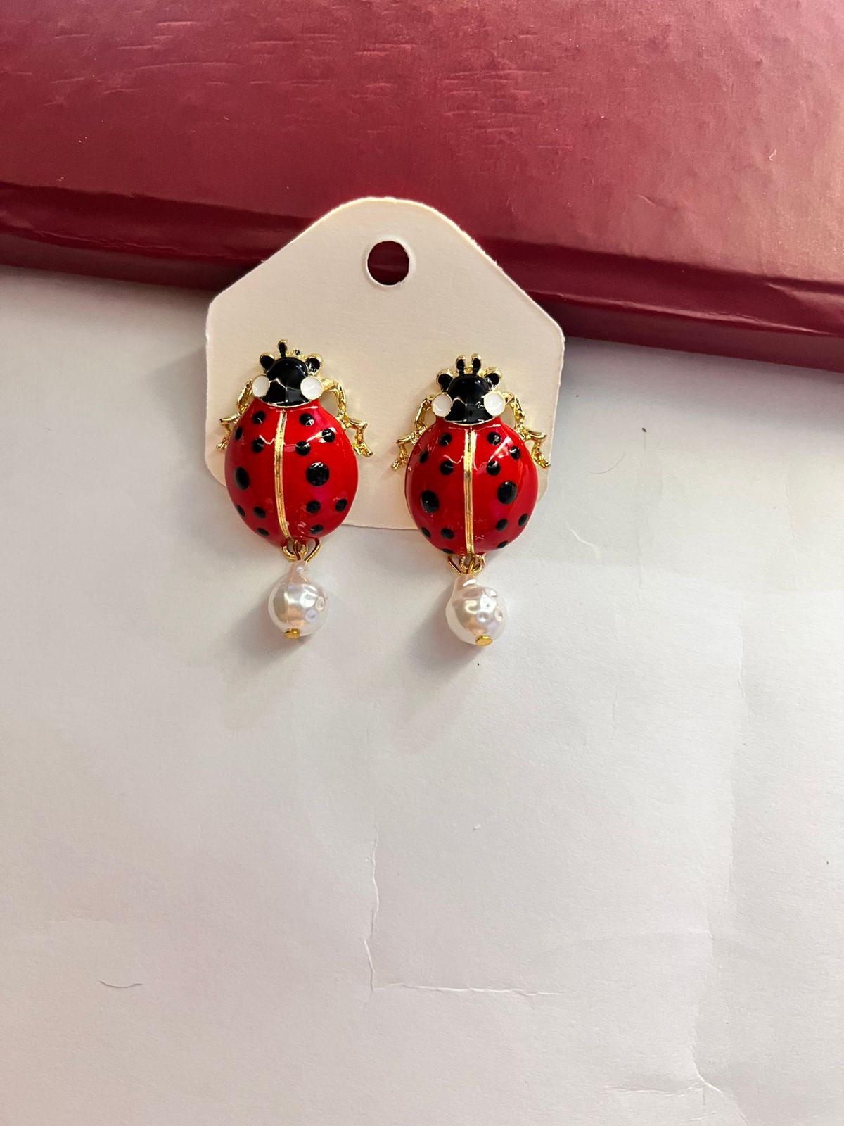 Ladybug Dangler Earrings | Enamel & Pearl Whimsical Jewelry