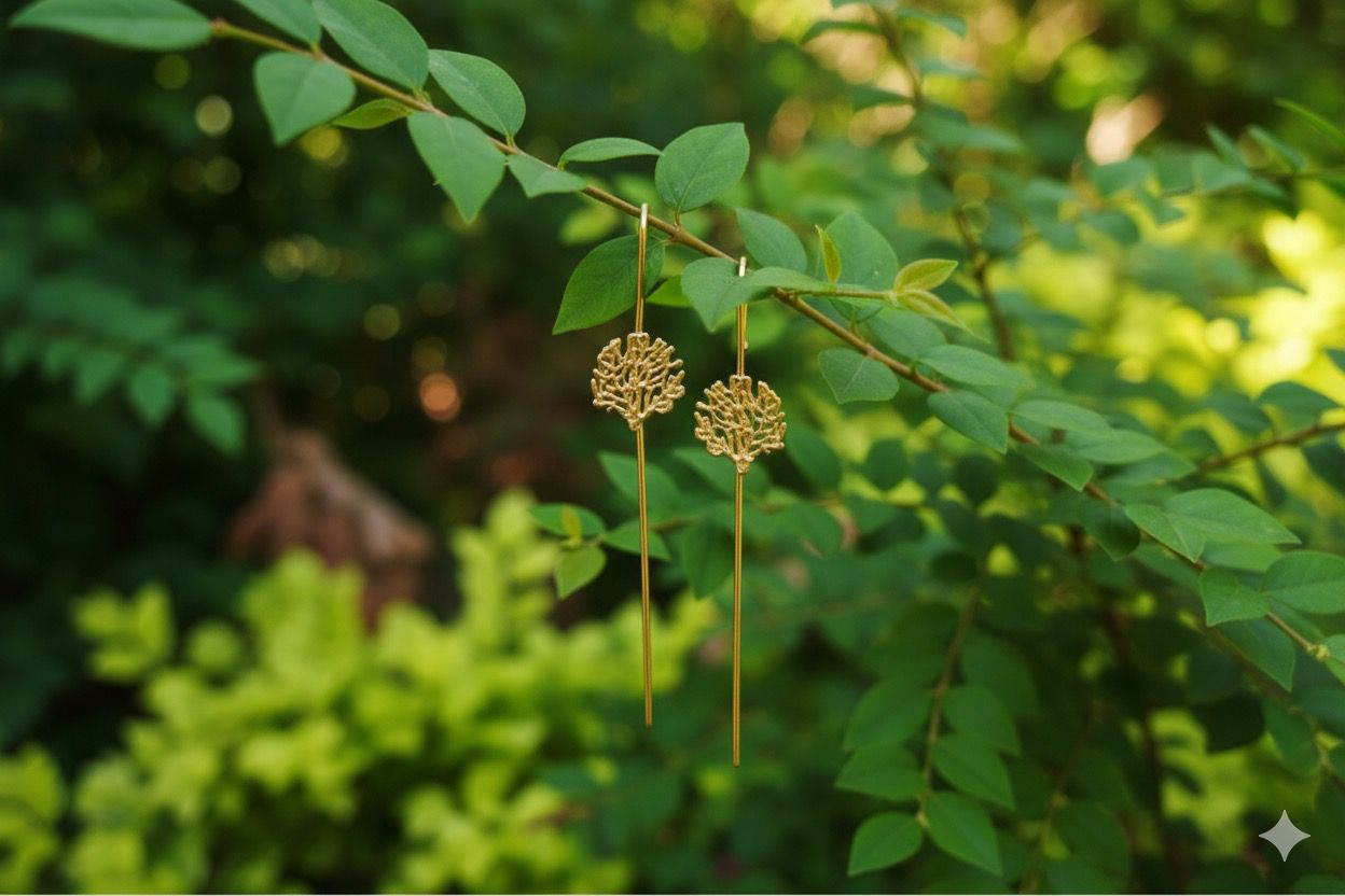 Golden Leaves Hook Earrings| Nature-Inspired Threader Dangles