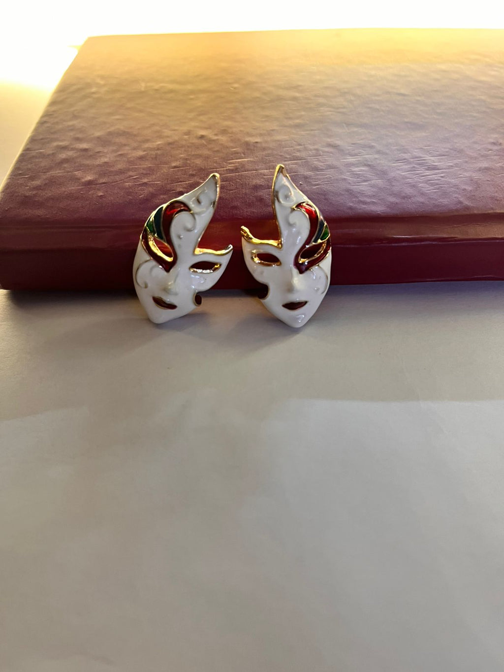 🎭 Venetian Mask Enamel Stud Earrings | Whimsical Gold-Toned Jewelry