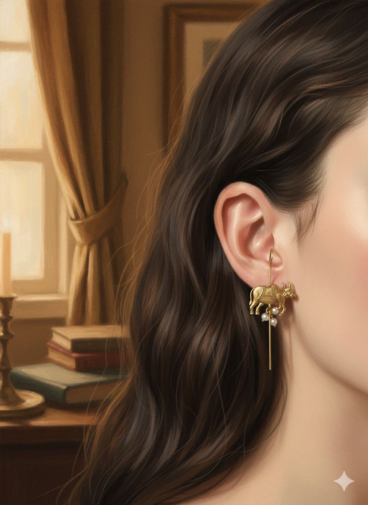 Nandi Pin Earrings – Antique Gold Temple Style Accented with Pearls