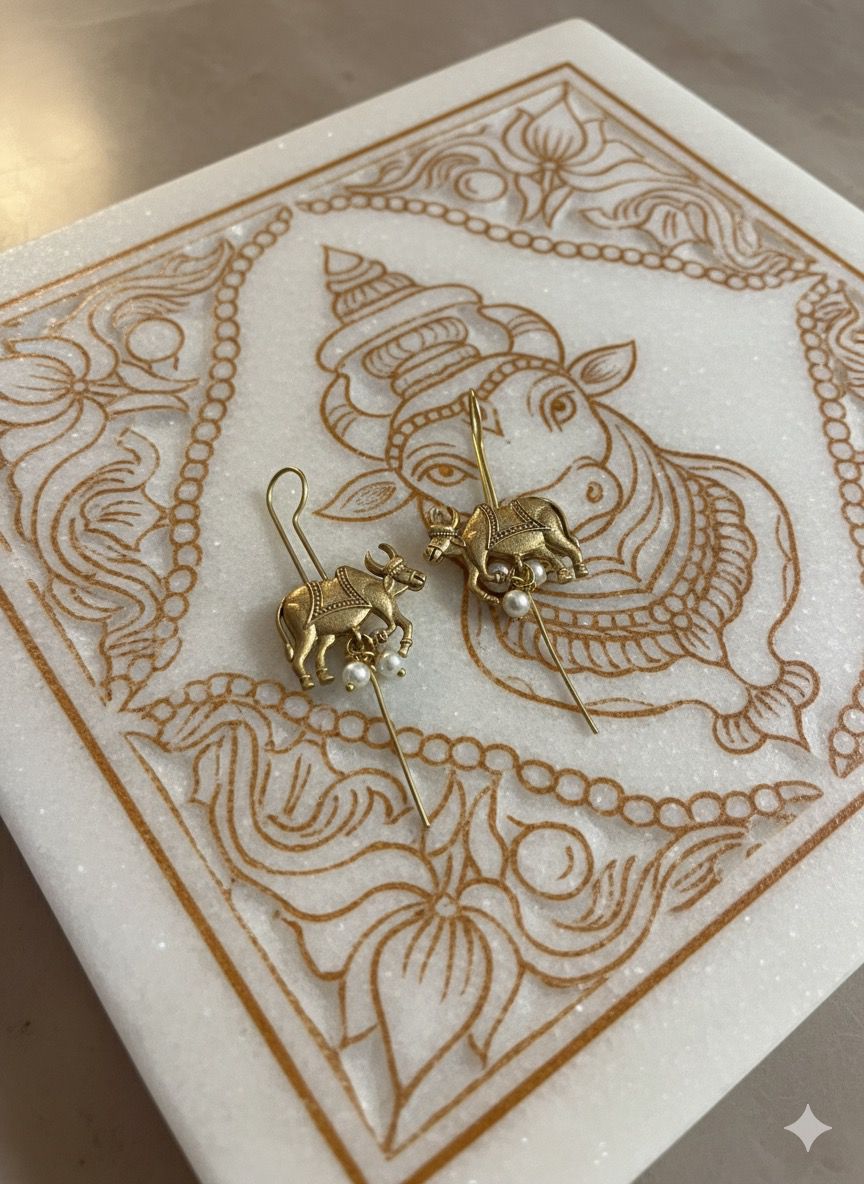 Nandi Pin Earrings – Antique Gold Temple Style Accented with Pearls