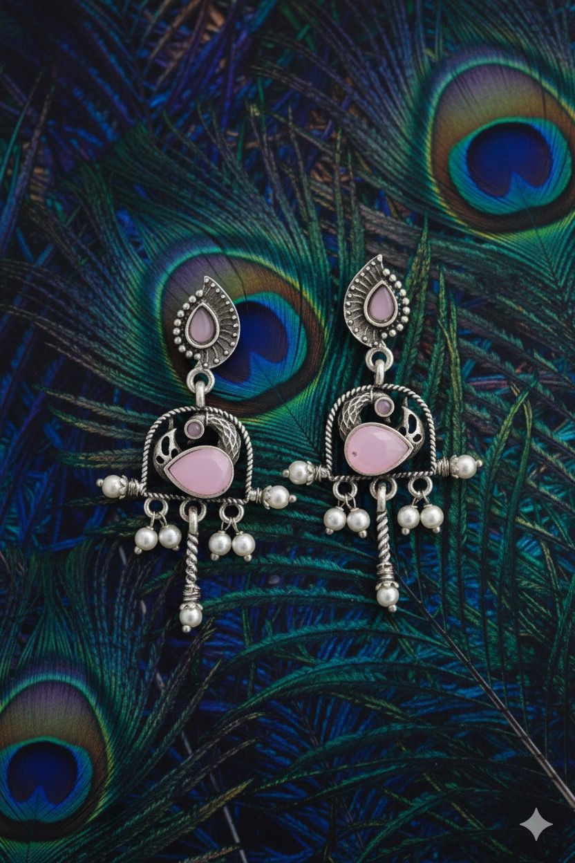 🦚 Peahen Drop Earrings - Pink & Turquoise | Oxidized Silver Tribal Statement Jewelry by Manikundala