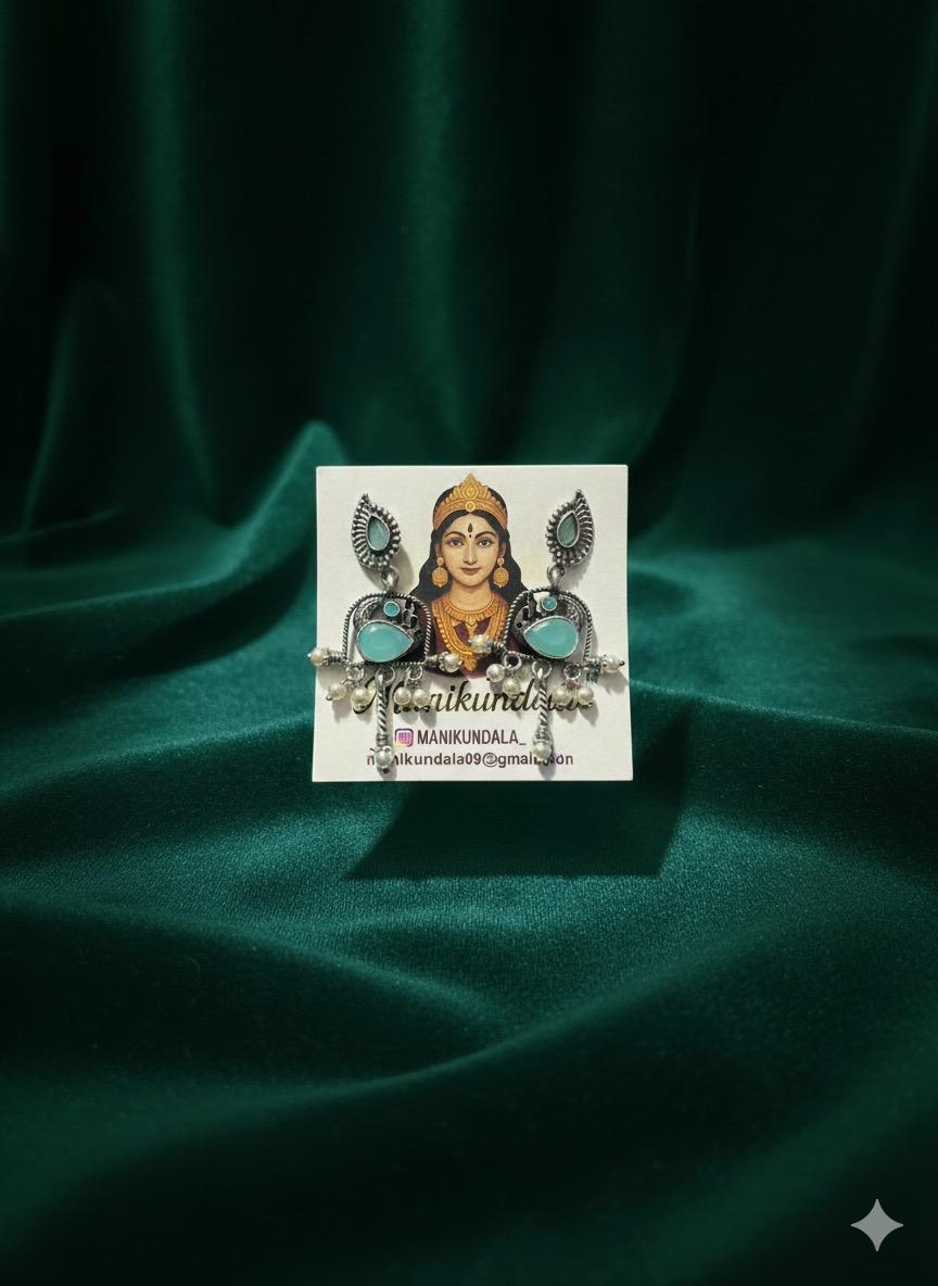 🦚 Peahen Drop Earrings - Pink & Turquoise | Oxidized Silver Tribal Statement Jewelry by Manikundala