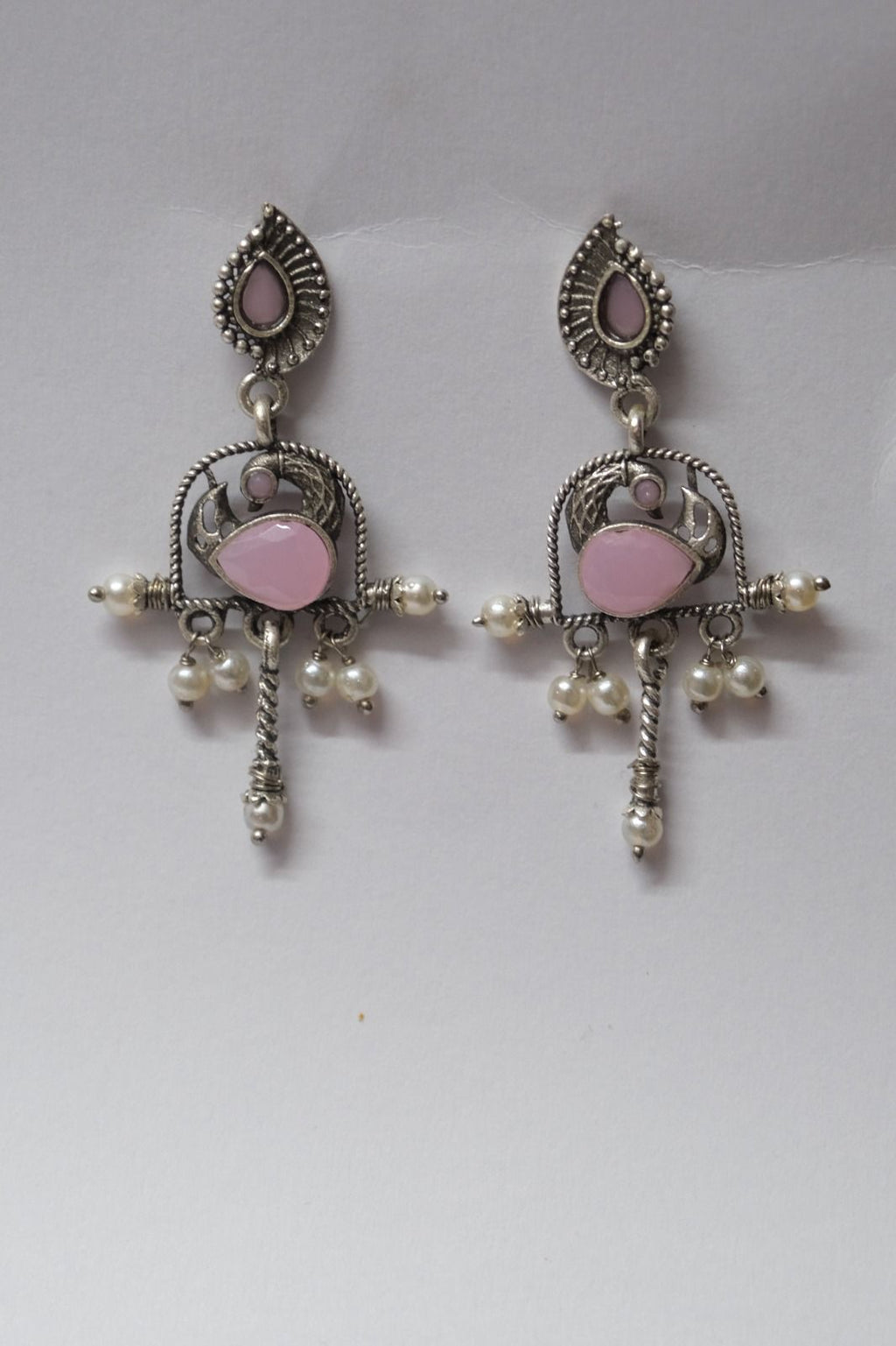 🦚 Peahen Drop Earrings - Pink & Turquoise | Oxidized Silver Tribal Statement Jewelry by Manikundala