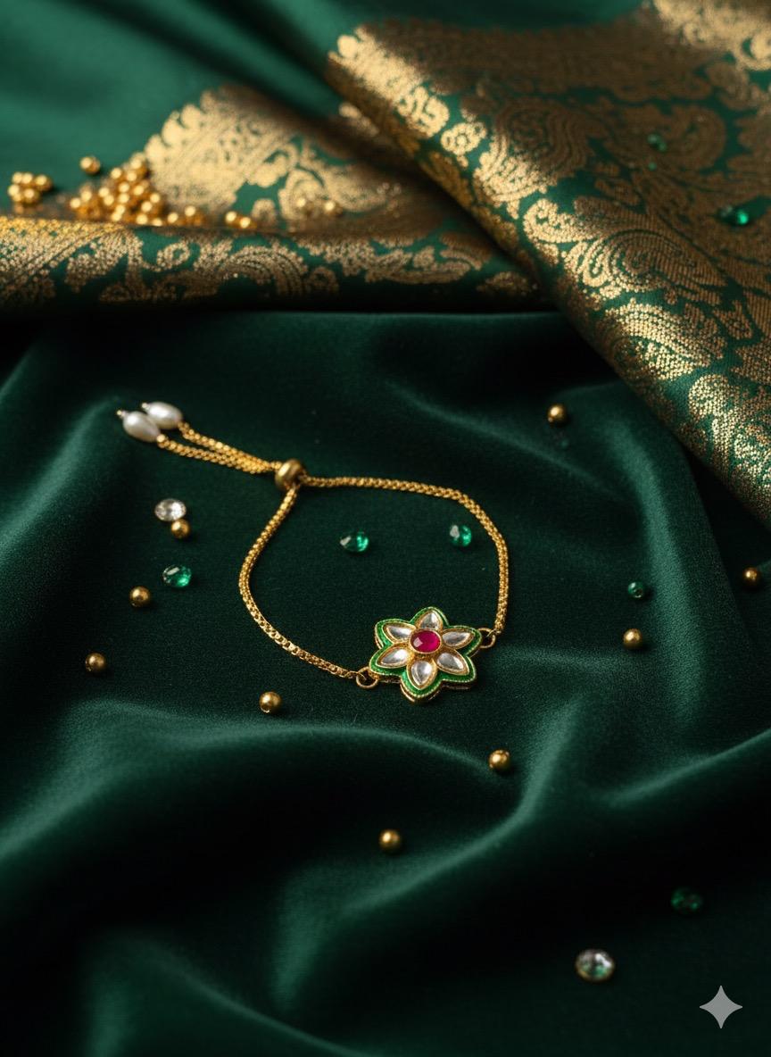 Rajputi Kundan Bracelet – Gold Plated Circle & Star Kada | Red, Green & Multi-Color | Manikundala