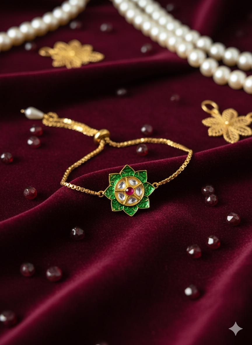 Rajputi Kundan Bracelet – Gold Plated Circle & Star Kada | Red, Green & Multi-Color | Manikundala