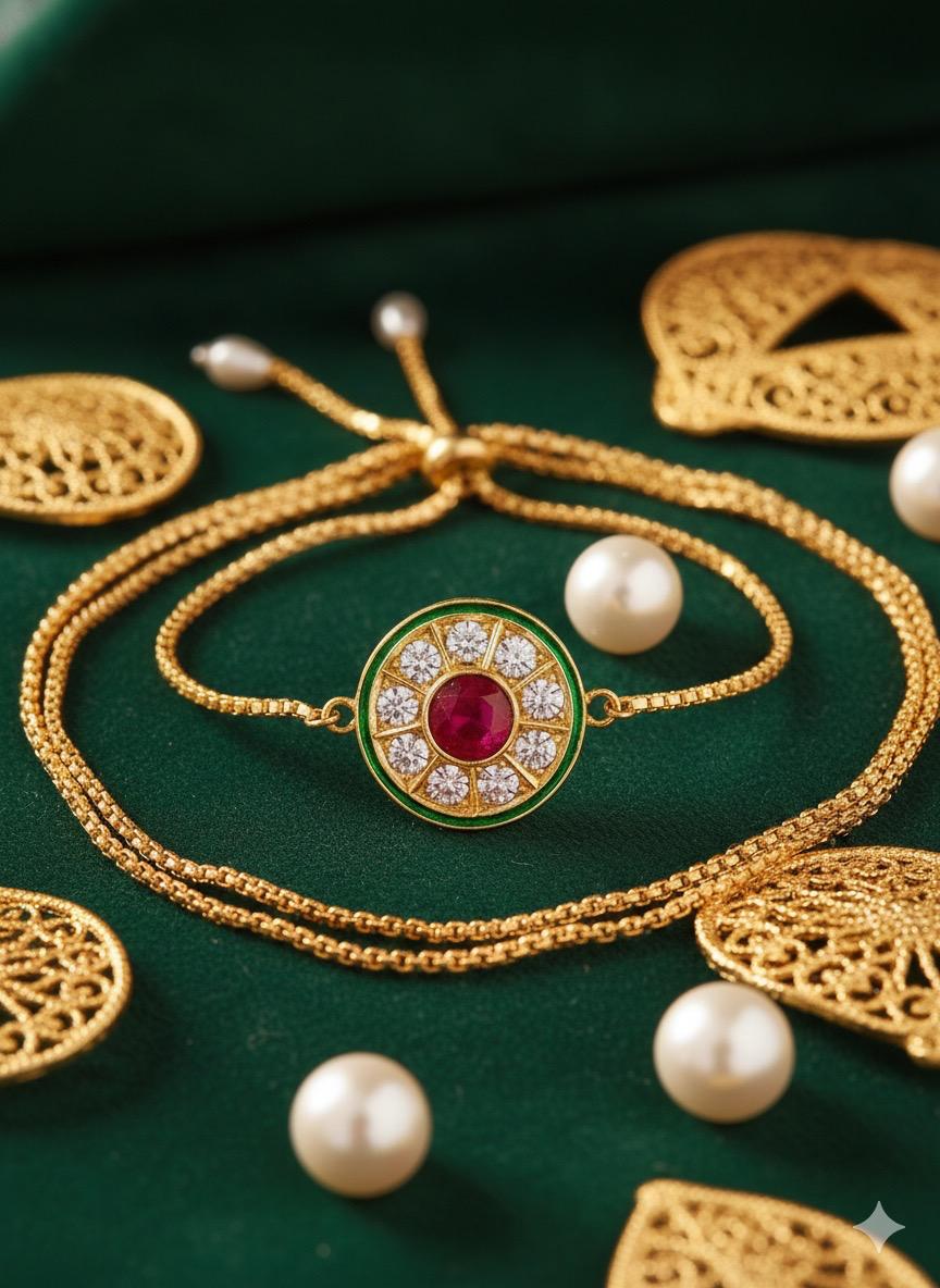 Rajputi Kundan Bracelet – Gold Plated Circle & Star Kada | Red, Green & Multi-Color | Manikundala