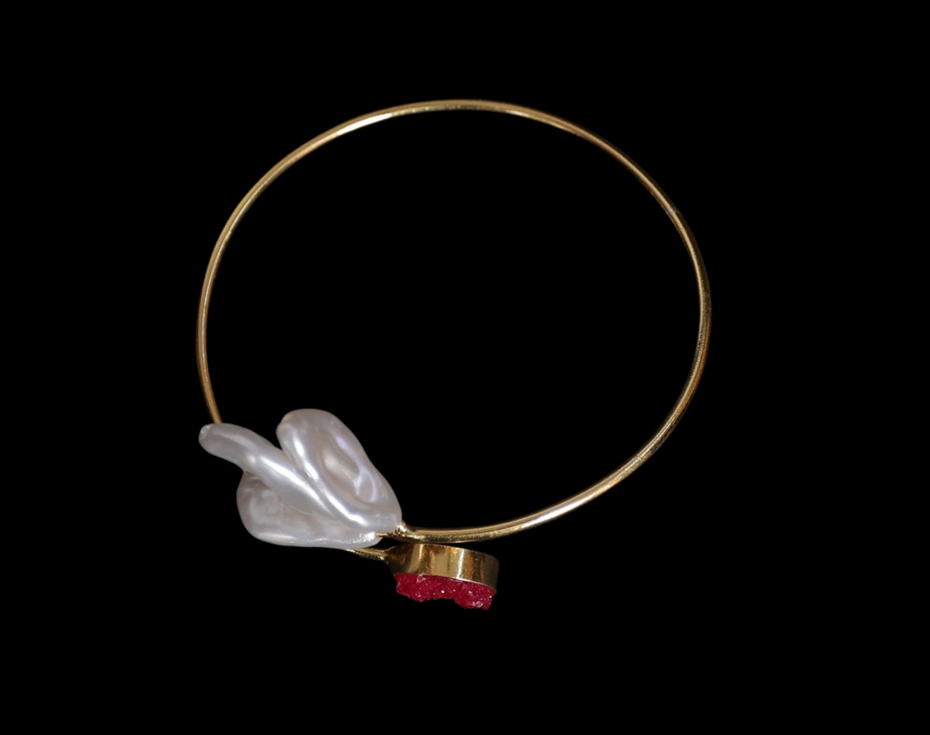 Ruby & Baroque Pearl Cuff Bracelet – Statement Gold Bangle ✨