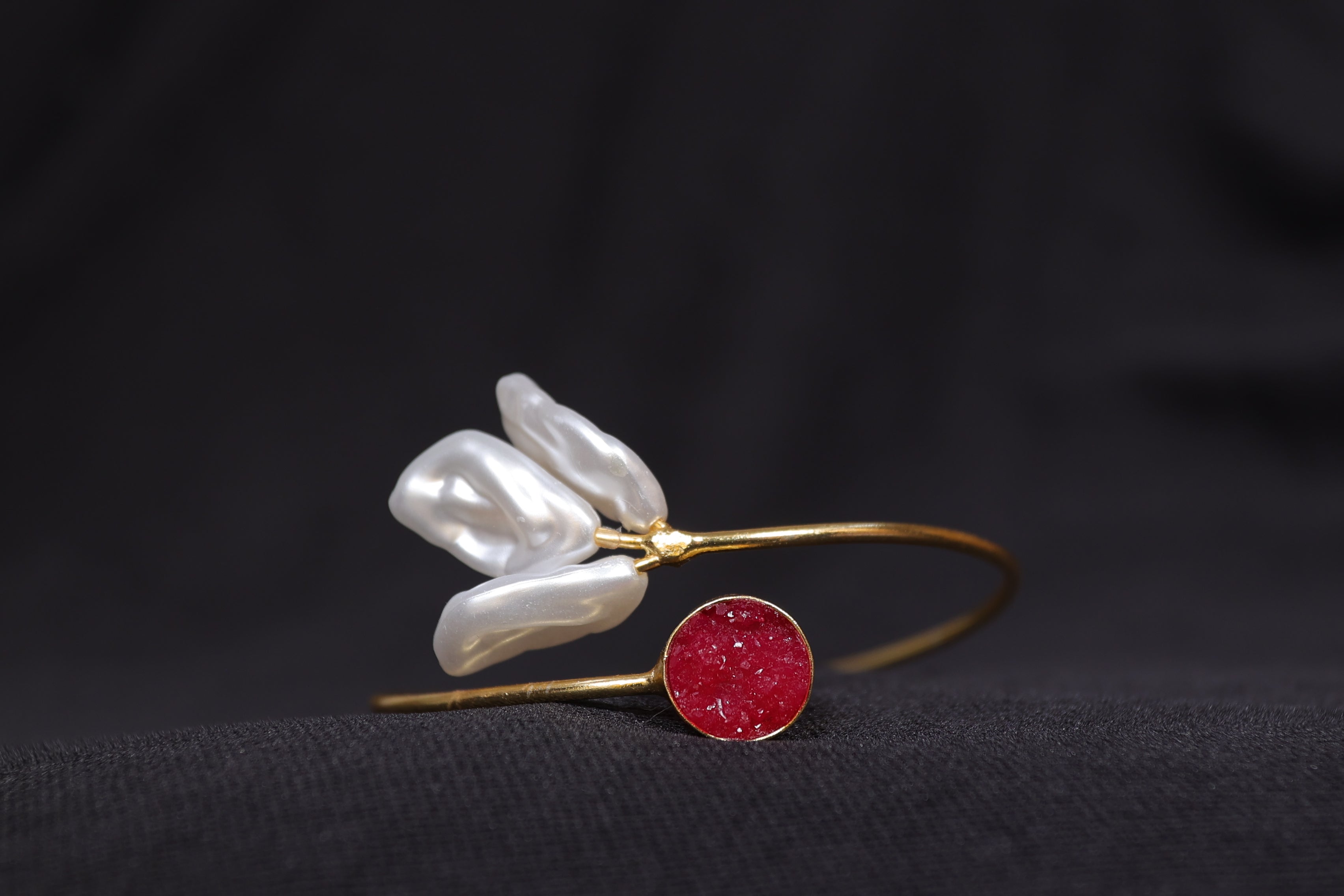 Ruby & Baroque Pearl Cuff Bracelet – Statement Gold Bangle ✨