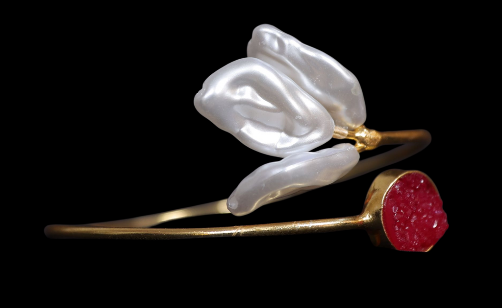 Ruby & Baroque Pearl Cuff Bracelet – Statement Gold Bangle ✨