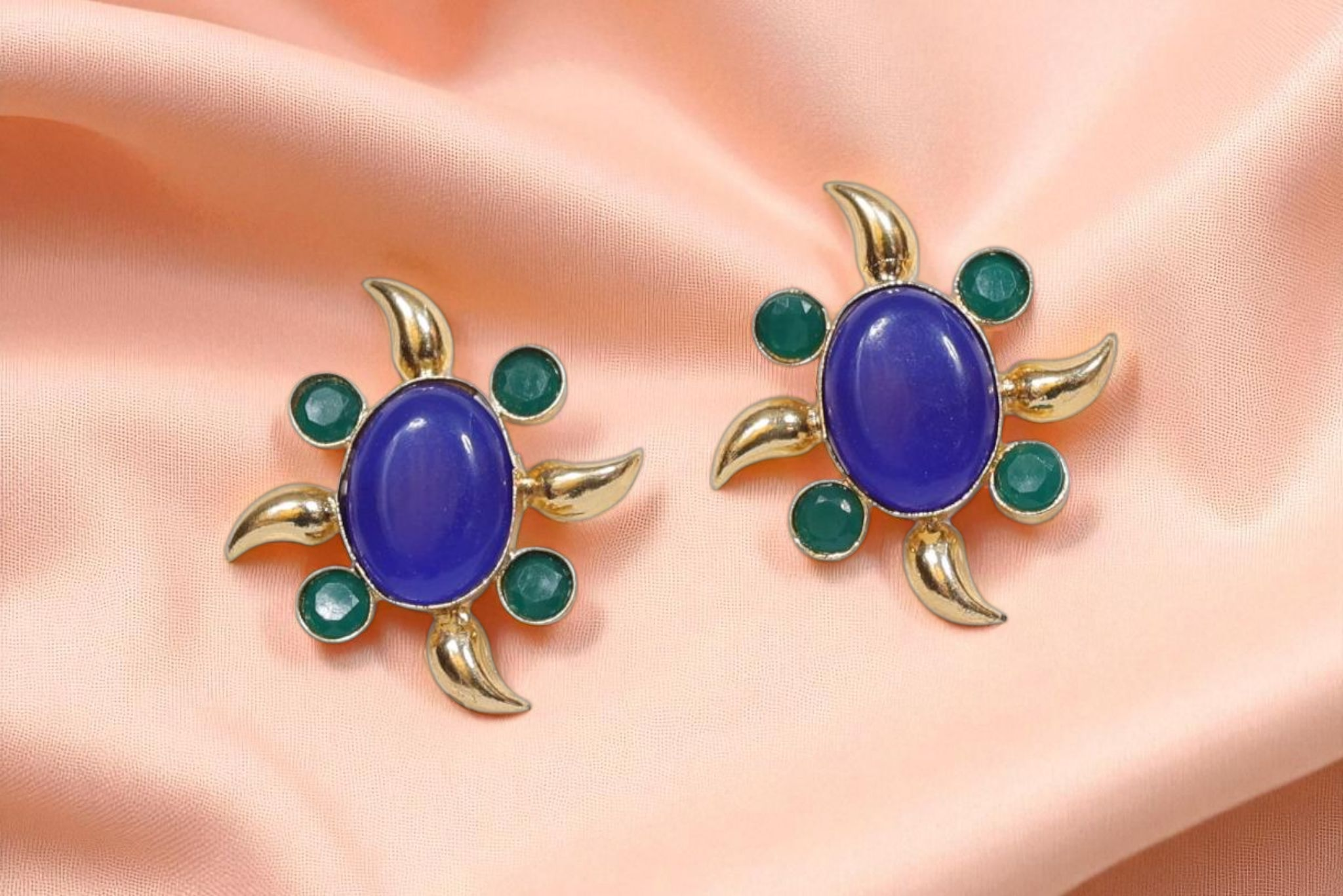 Manikundala Celestial Star Studs – Indigo & Sea Green Statement Earrings 🌟