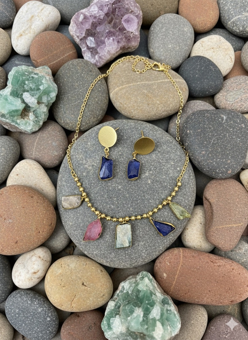 Stone Necklace Set – Handcrafted Raw Gemstone Gold-Plated Statement Jewelry