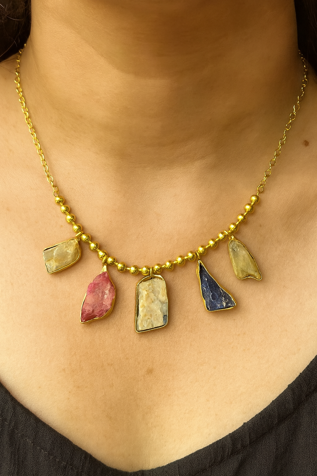 Stone Necklace Set – Handcrafted Raw Gemstone Gold-Plated Statement Jewelry
