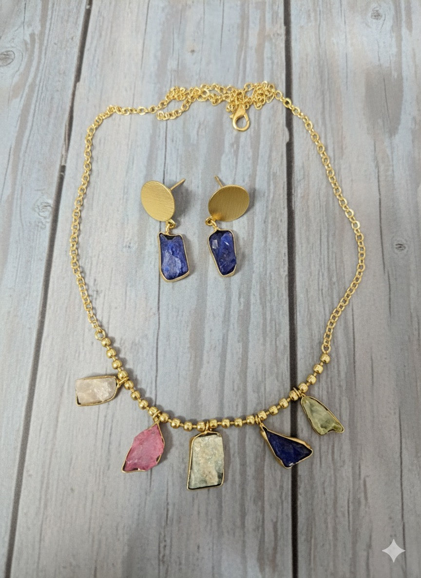 Stone Necklace Set – Handcrafted Raw Gemstone Gold-Plated Statement Jewelry