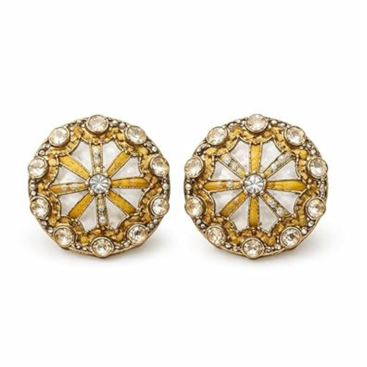 Elegant Gold-Tone Designer Stud Earrings with White Enamel & Crystal Accents