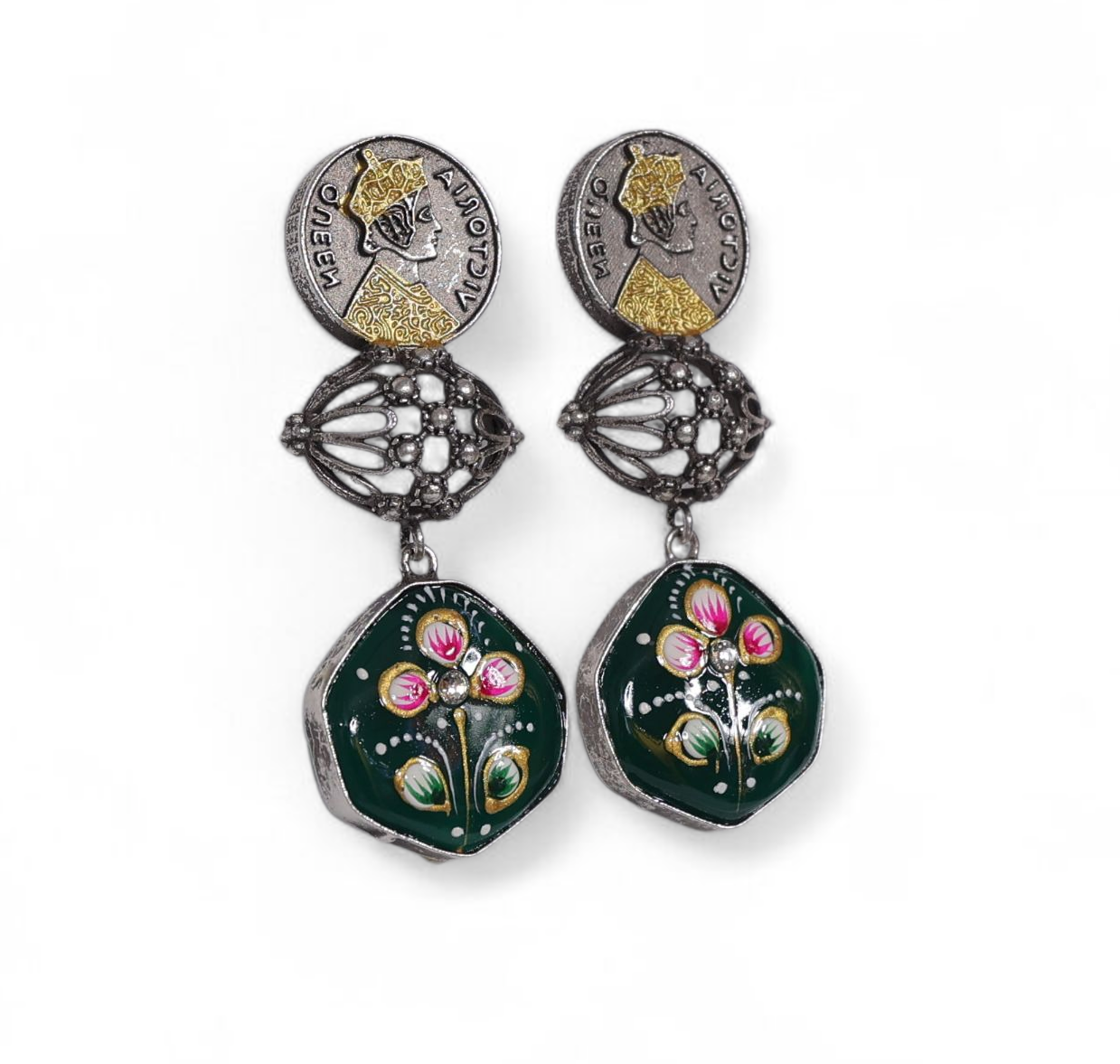 👑 Victoria Danglers: Coin & Meenakari Earrings in Pink or Dark Green | Oxidized Silver  Jewelry by Manikundal