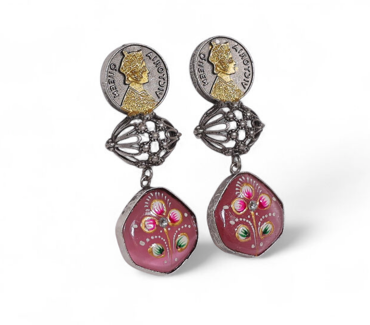 👑 Victoria Danglers: Coin & Meenakari Earrings in Pink or Dark Green | Oxidized Silver  Jewelry by Manikundal