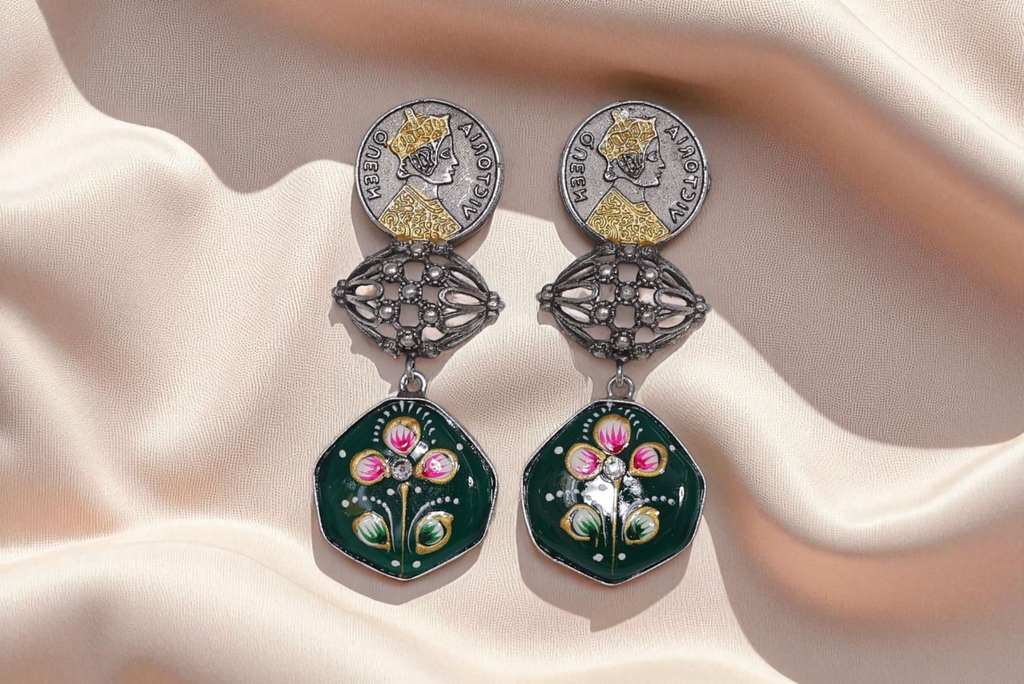 👑 Victoria Danglers: Coin & Meenakari Earrings in Pink or Dark Green | Oxidized Silver  Jewelry by Manikundal
